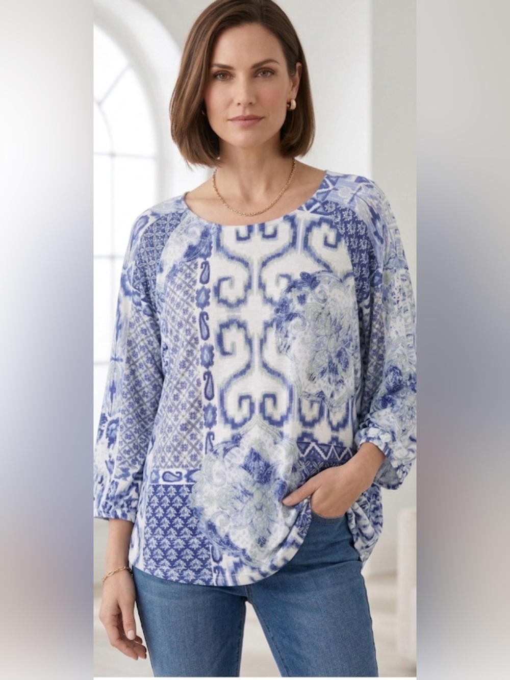 Chico's Top  Ikat Print Bohemian Blue Paisley Top 3/4 Sleeve Knit blouse boho